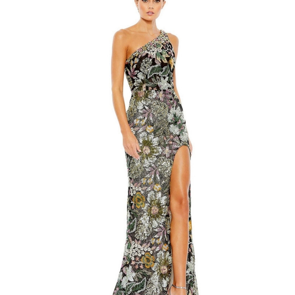 Mac Duggal Green and Black One Shoulder Embellished Gown with Slit for Prom